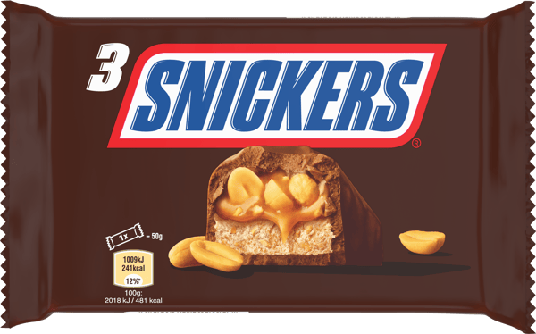 SNICKERS barre chocolat, caramel et cacahuètes - Tripack 3x50g