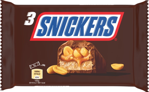 SNICKERS barre chocolat, caramel et cacahuètes - Tripack 3x50g